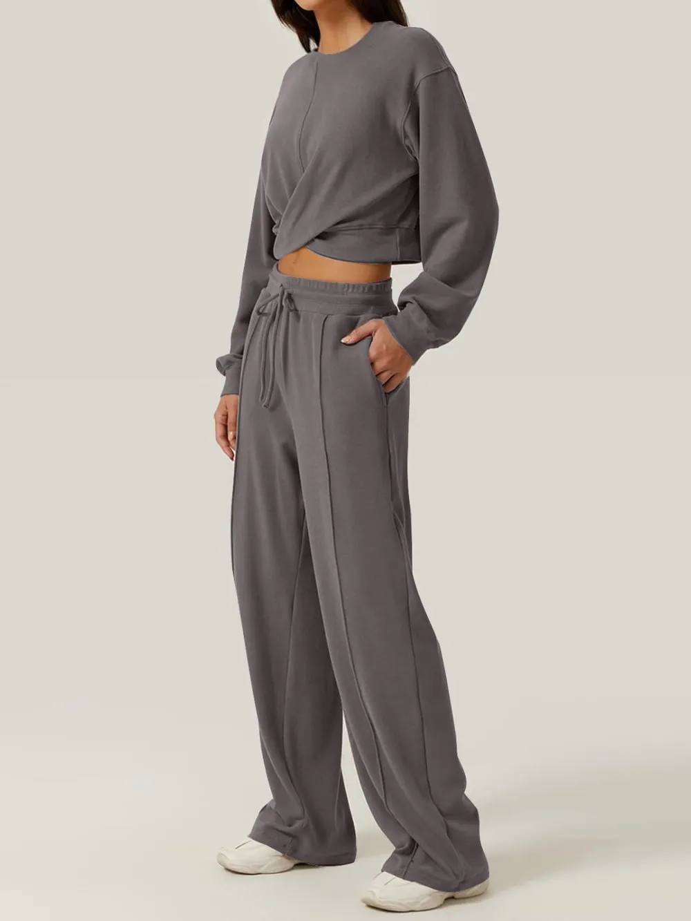 Crisscross Round Neck Top and Drawstring Pants Set, image 14