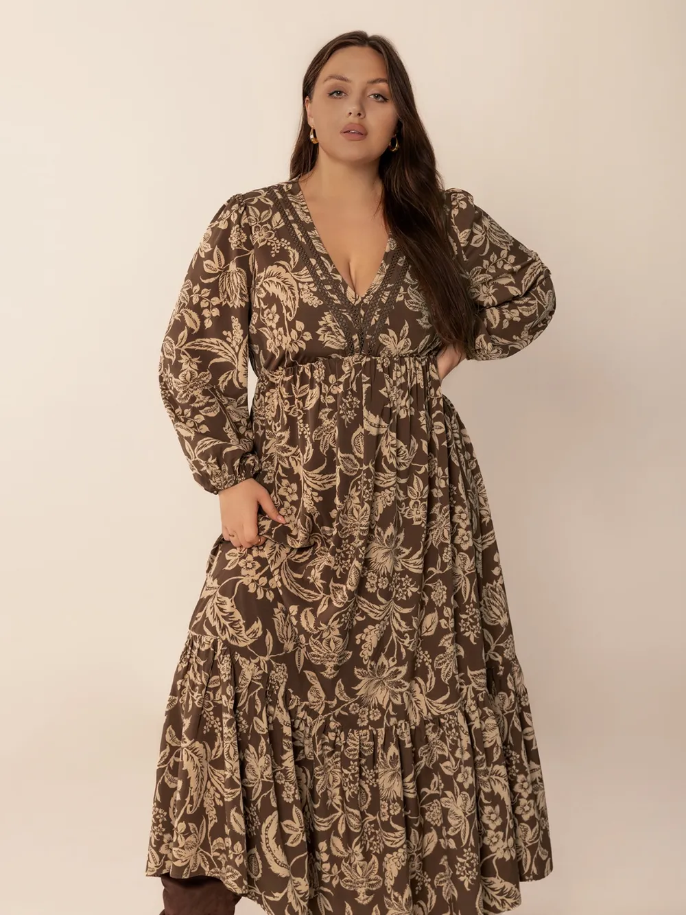 Plus Size Printed V-Neck Balloon Sleeve Maxi Dress, image 8