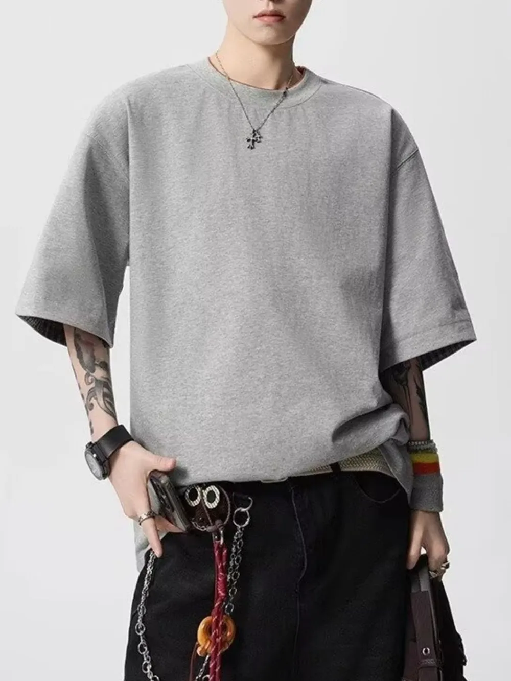 Men's Plaid Trim Round Neck Short Sleeve T-Shirt, image 8