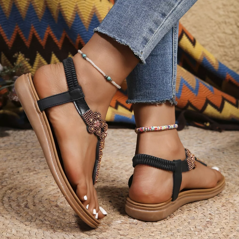 Bohemian Beaded Thong Sandals with Elastic Ankle Strap, image 8