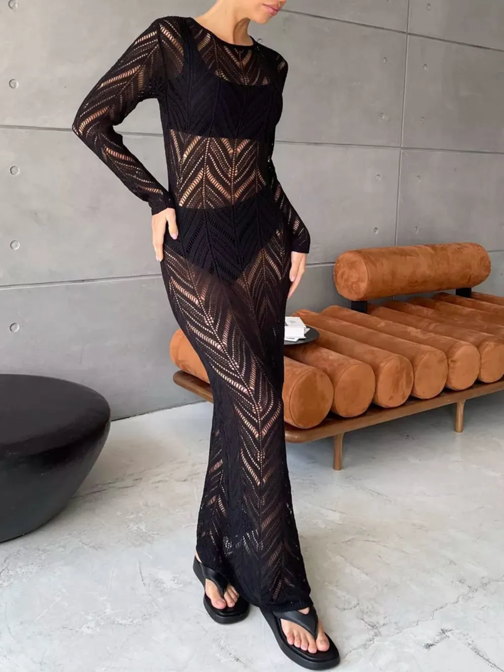 Openwork Long Sleeve Knit Cover Up Dress, image 5