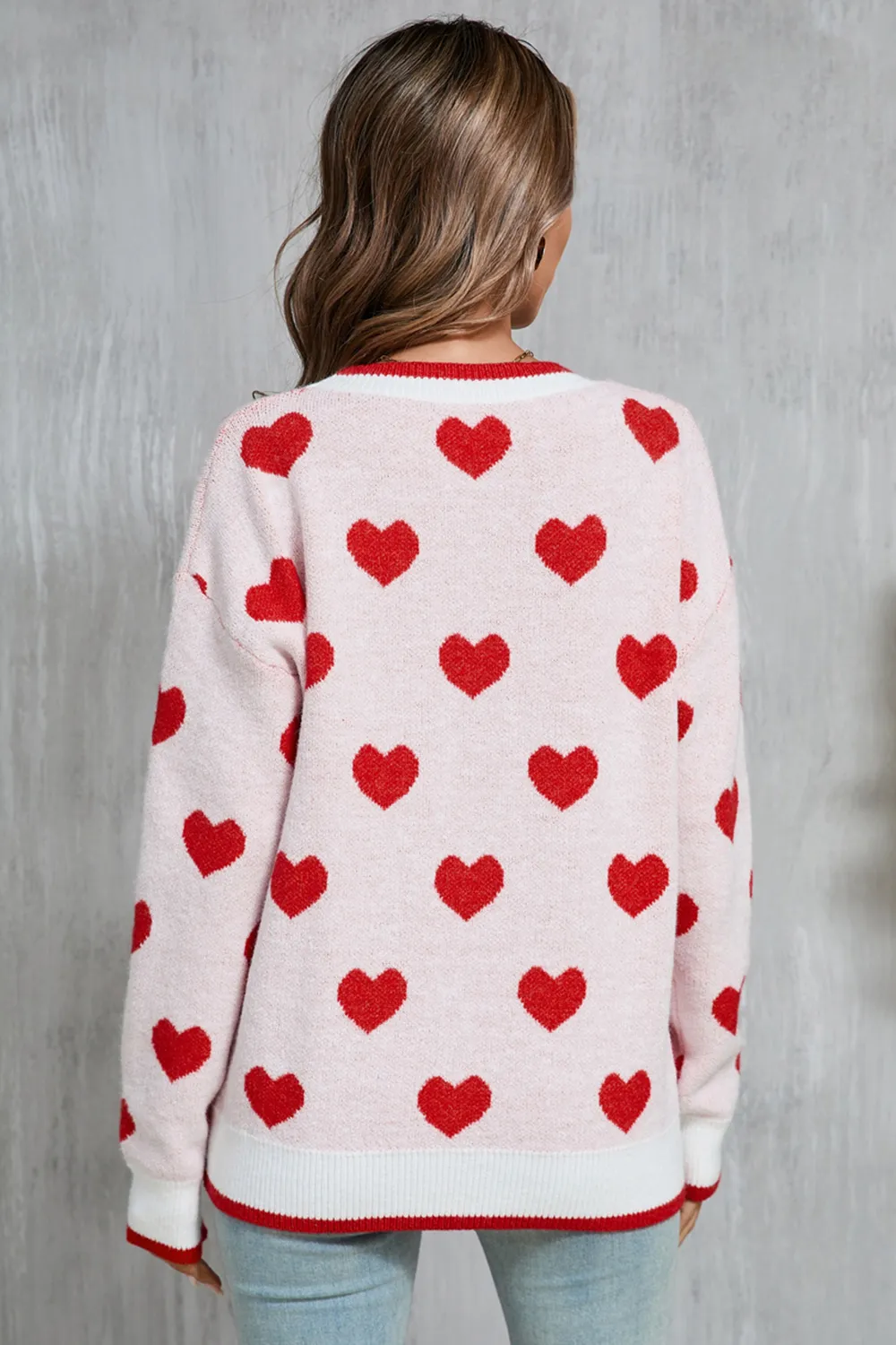 Contrast Trim Heart Round Neck Sweater, image 8