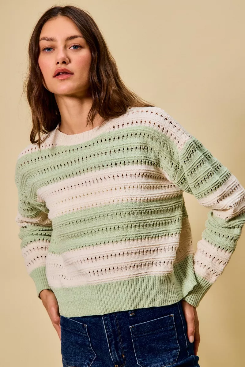 Openwork Round Neck Wide Stripe Textured Sweater, image 8