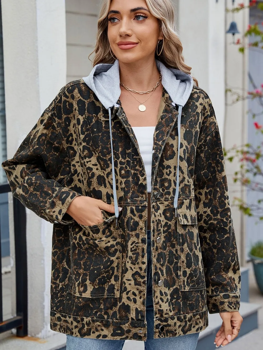 Leopard Button Up Drop Shoulder Denim Jacket, image 8