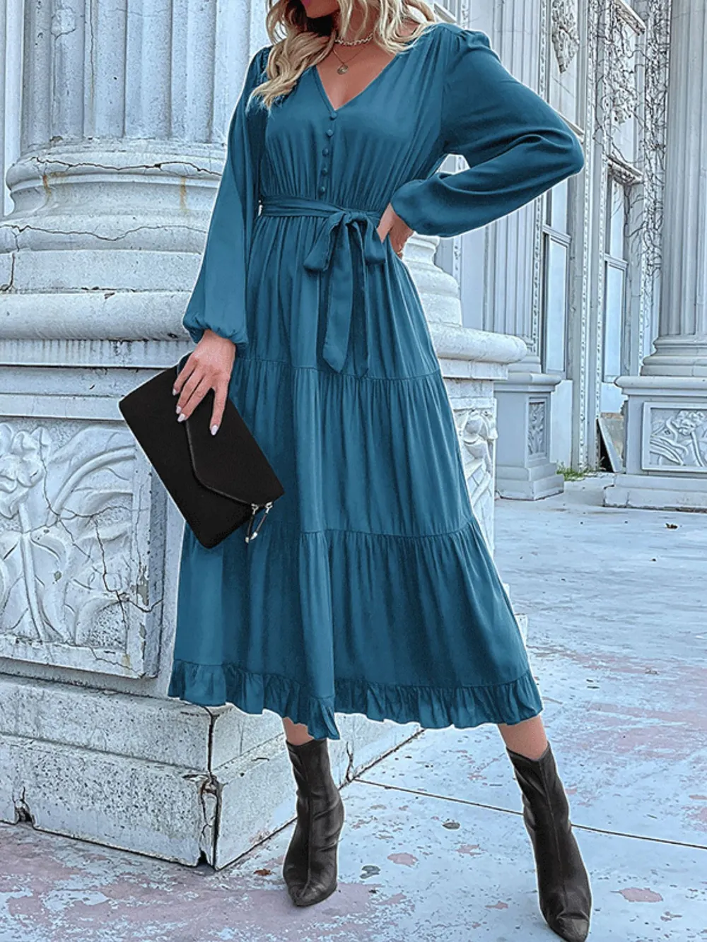 Ruffled Hem V-Neck Balloon Sleeve Dress, image 36