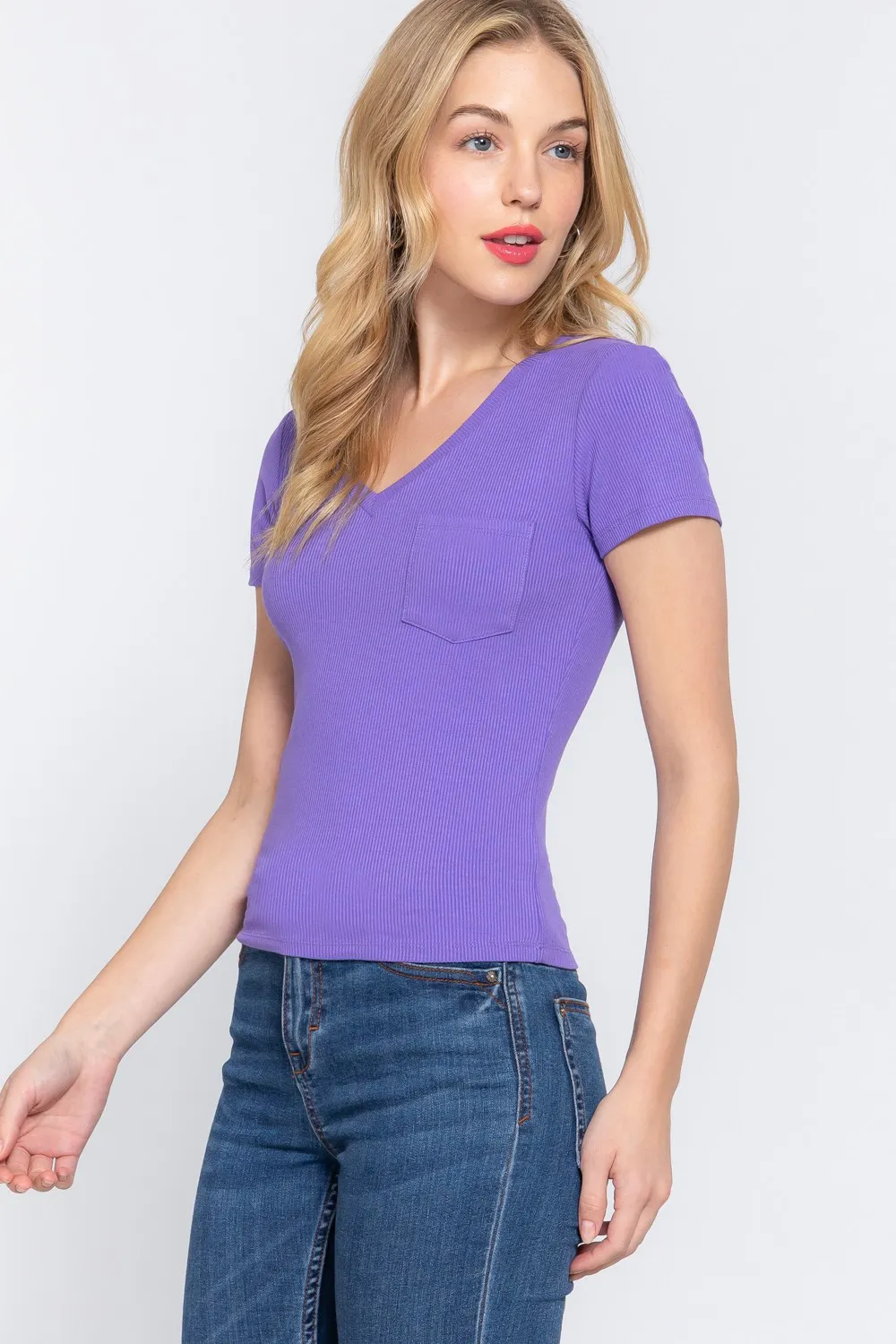 V-Neck Ribbed Short Sleeve Knit T-Shirt, image 3