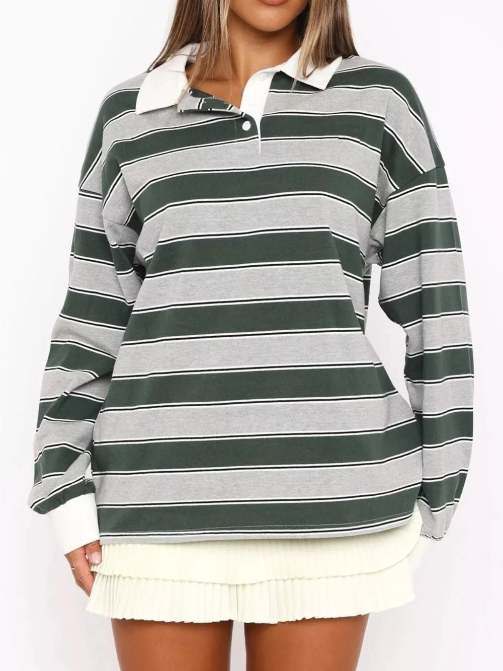 Striped Button Detail Long Sleeve Polo