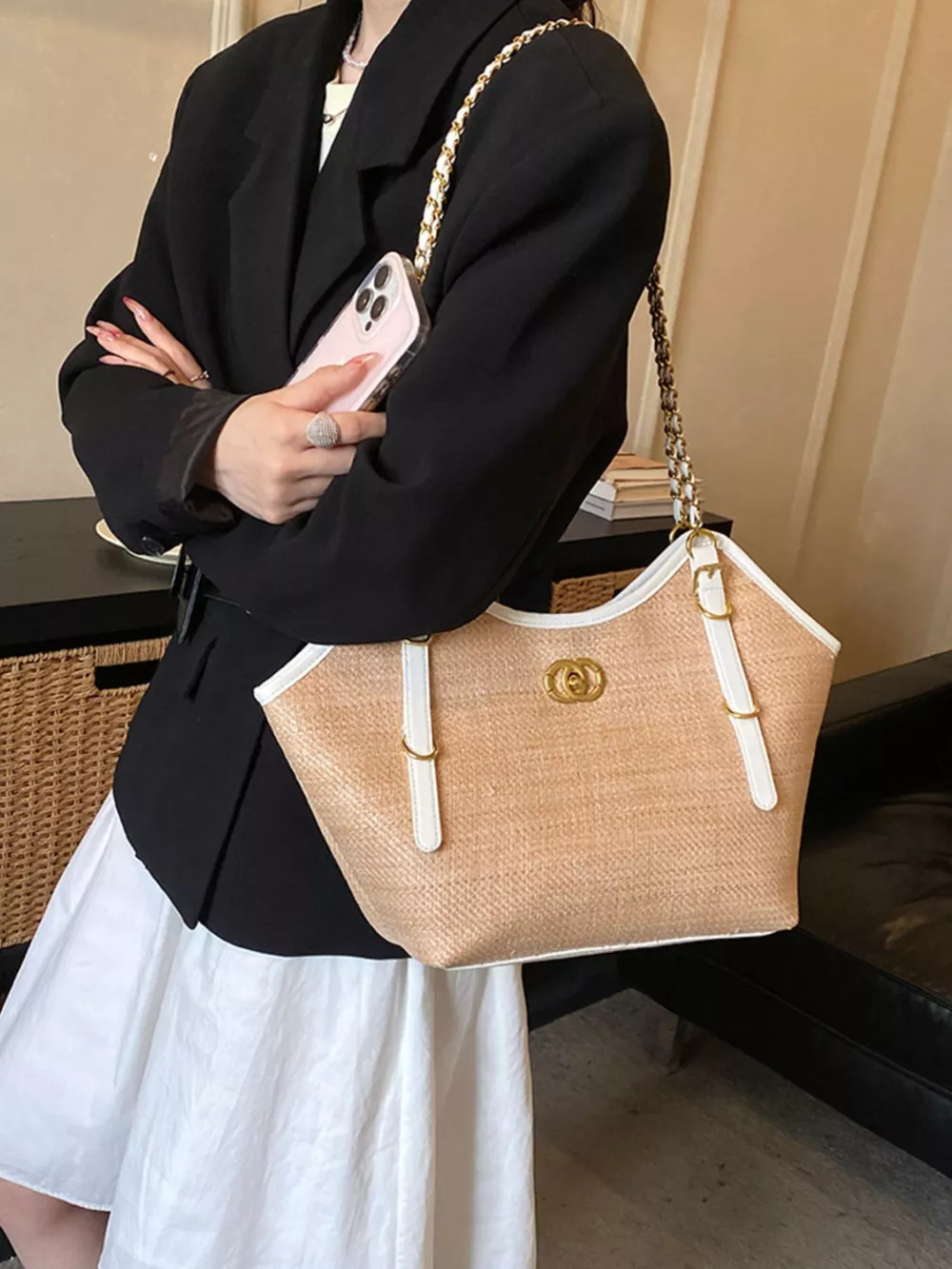 Contrast Trim Adjustable Strap Shoulder Bag, image 4