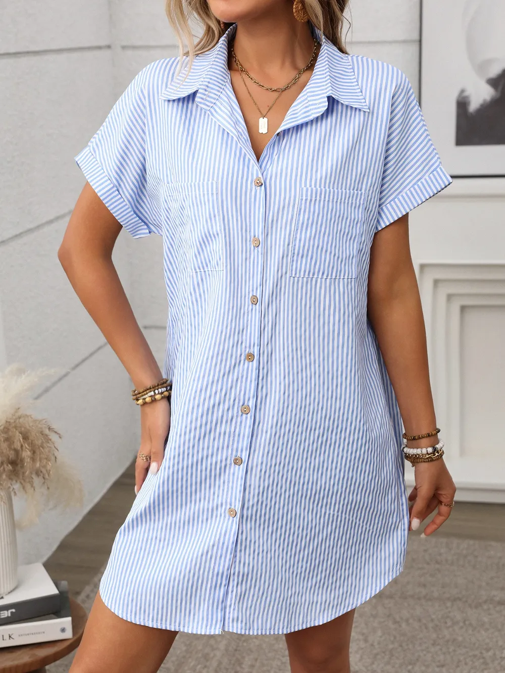 Striped Button Down Short Sleeve Mini Dress, image 10