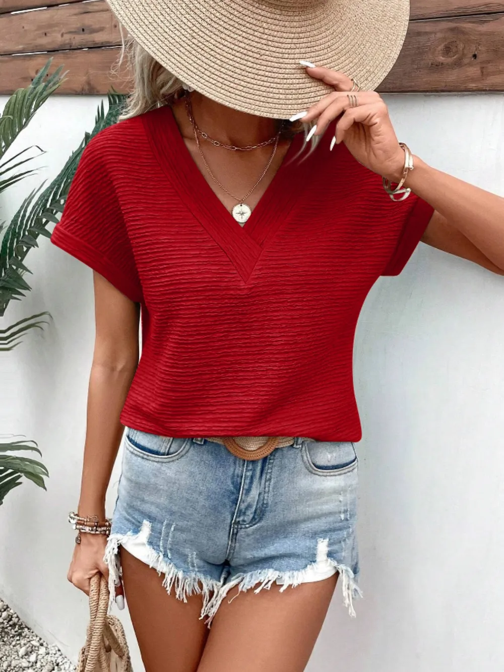 Textured Solid Color Short Sleeve Top, image 29