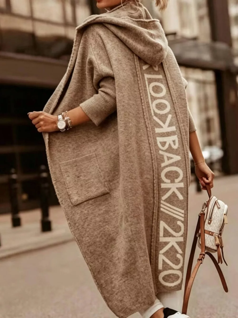Full Size Letter Back Hooded Cardigan Plus Size, image 2