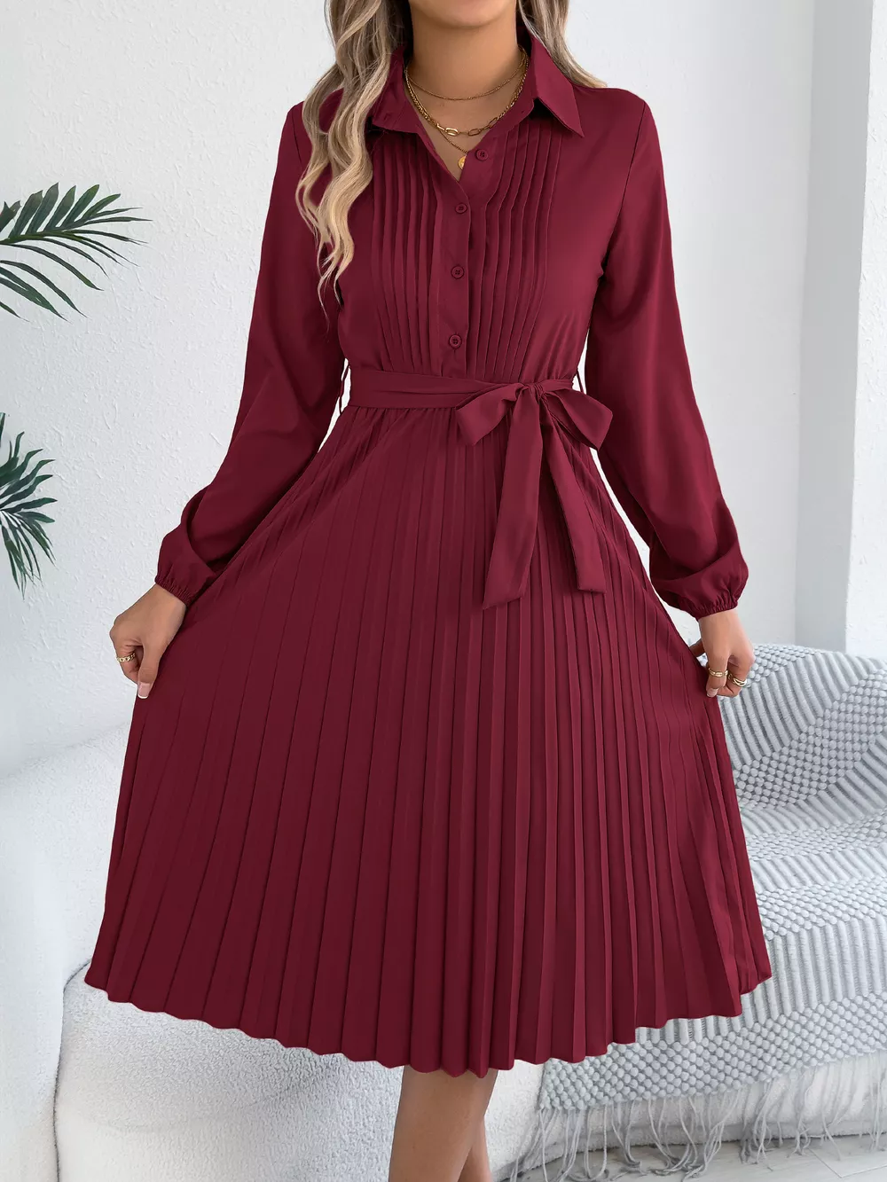 Pleated Tie Waist Balloon Sleeve Dress, image 4