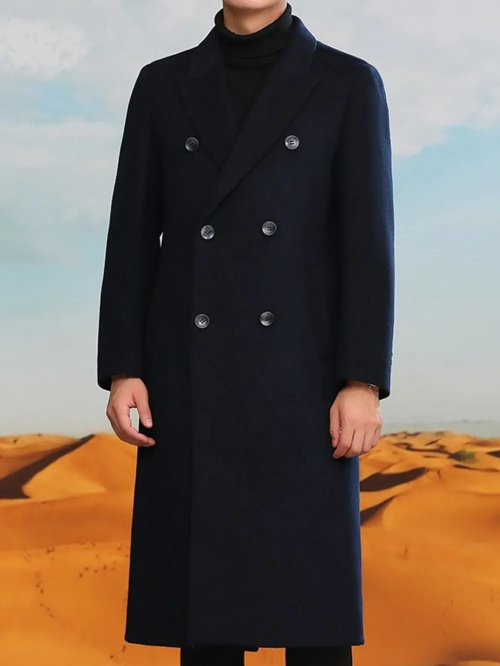 Men's Plus Size Double-Breasted Long Wool Coat, image 3