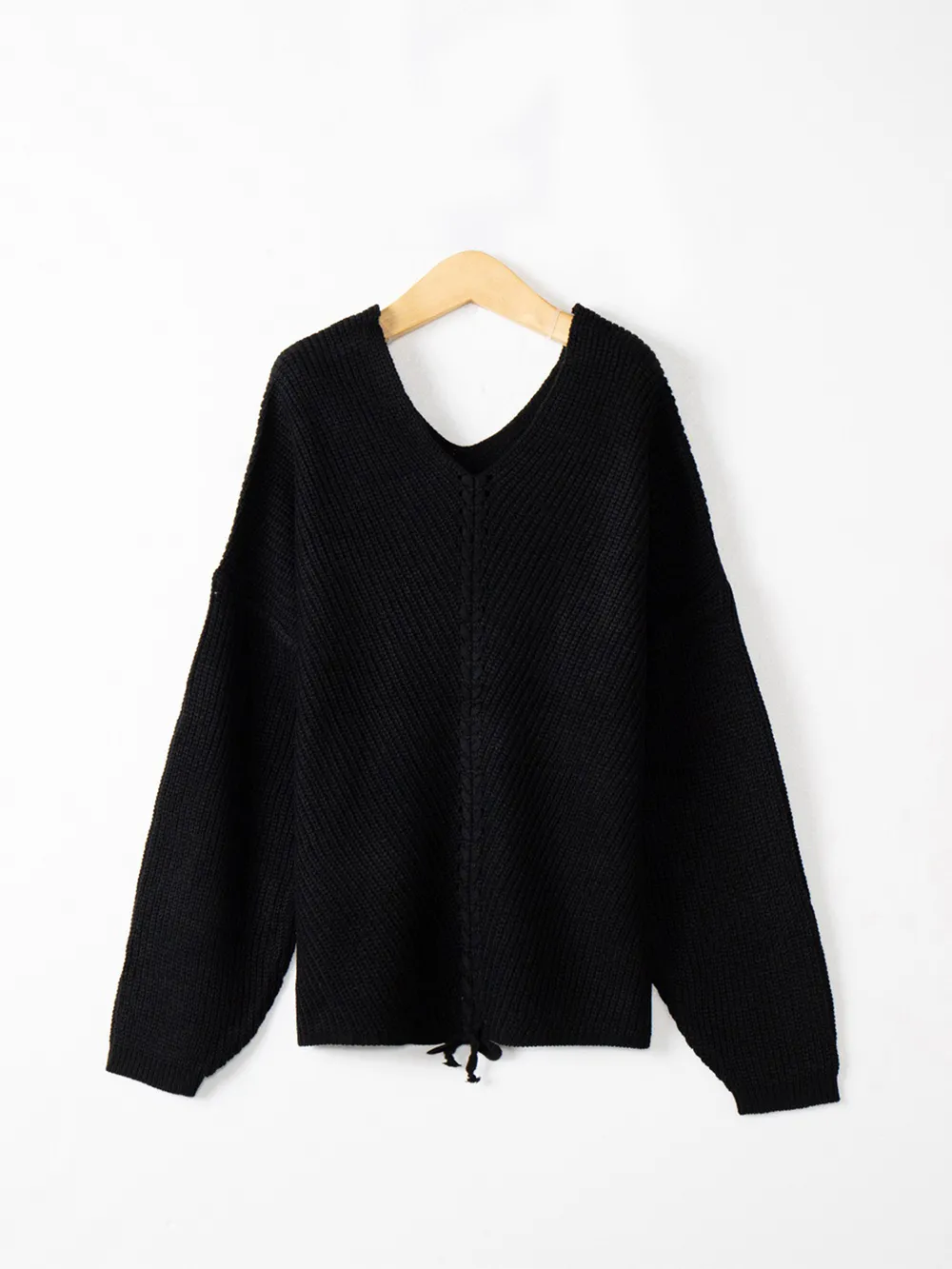Full Size Lace Up V-Neck Long Sleeve Sweater, image 9