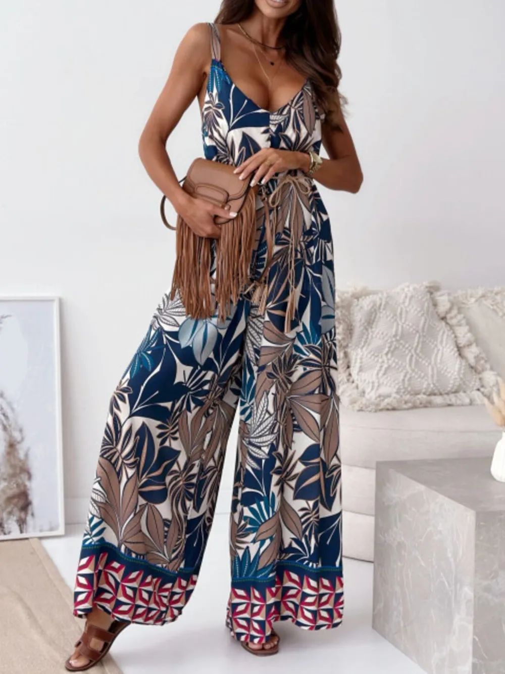 Paisley Print Spaghetti Strap Wide Leg Jumpsuit, image 8