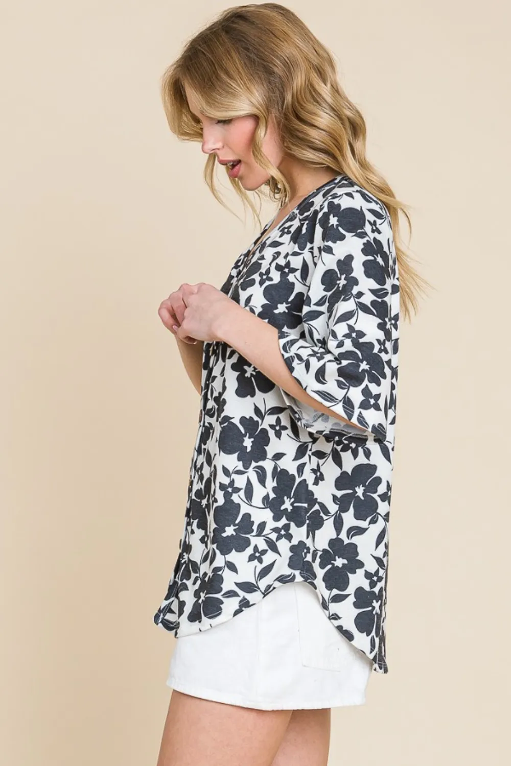 Floral Decorative Button V-Neck Top, image 3