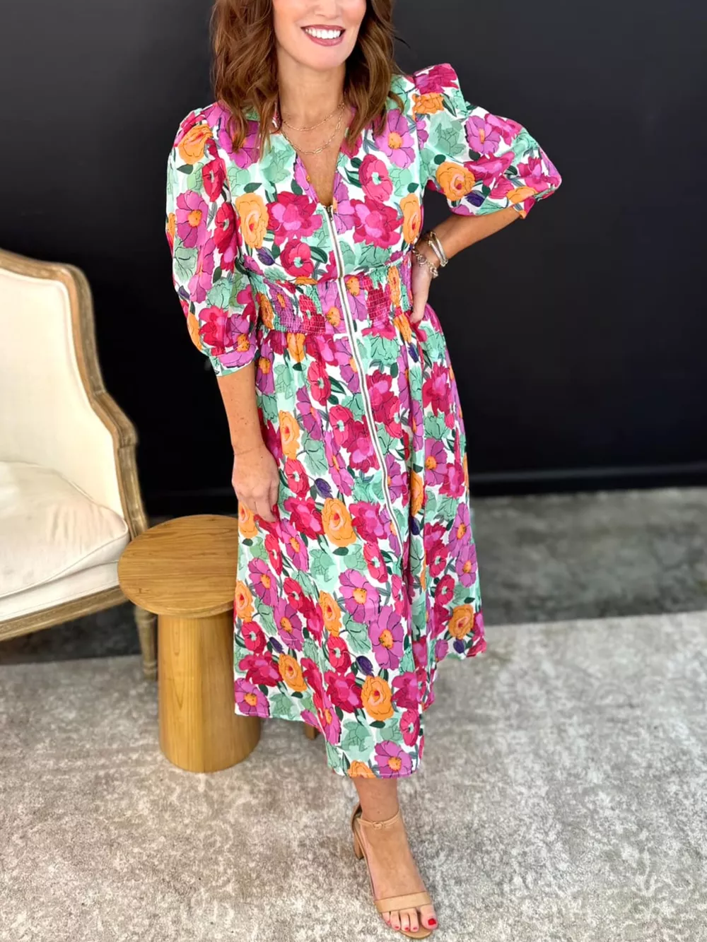 Vibrant Floral Print V Neck Zip Up Puffy Half Sleeve Dress, image 4