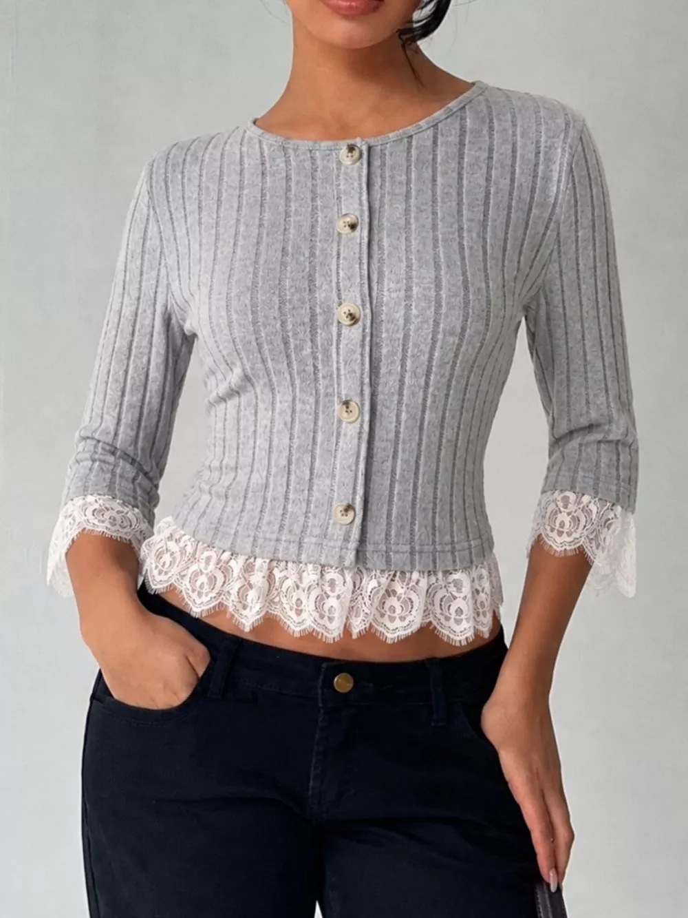 Lace Hem Ribbed Knit Button-Down Top, image 4