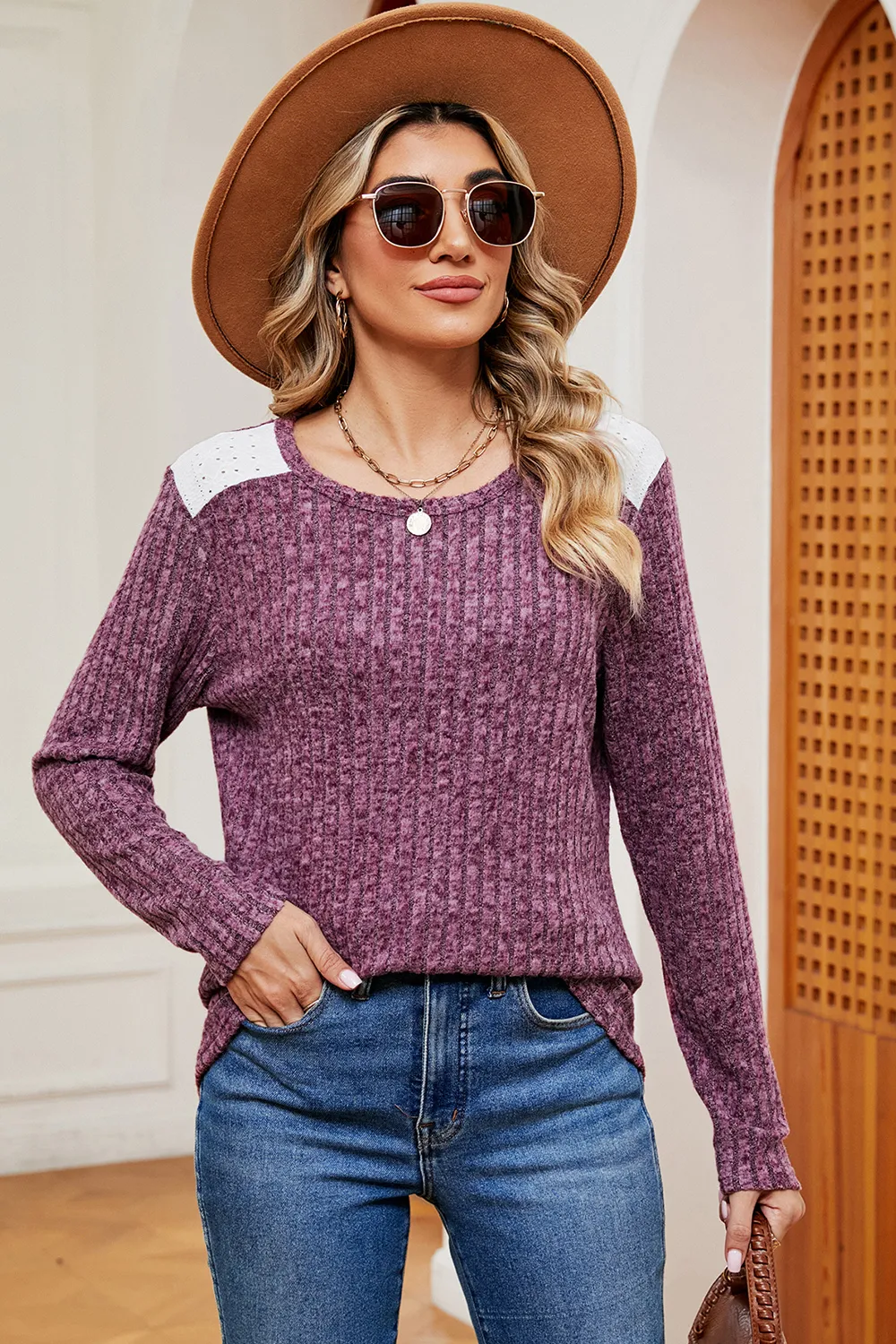 Eyelet Ribbed Round Neck Long Sleeve T-Shirt, image 21