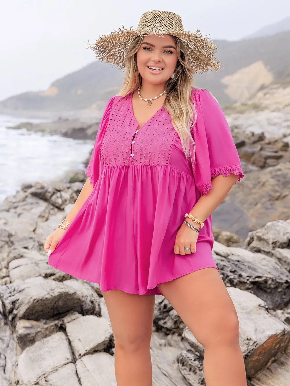 Plus Size Lace Detail V-Neck Half Sleeve Romper, image 8