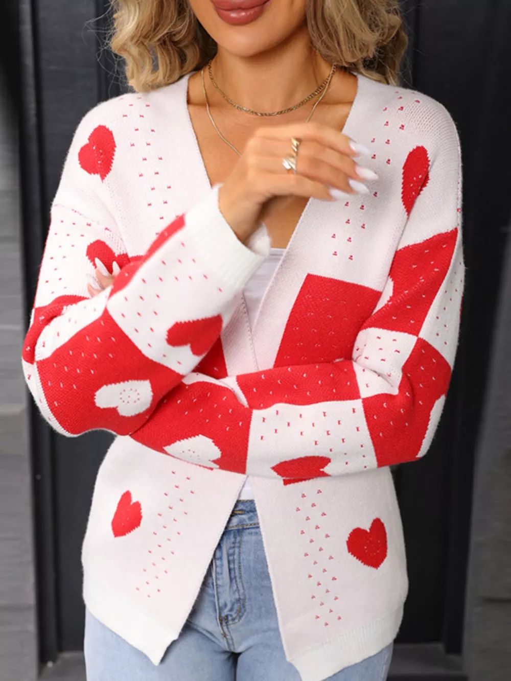Valentine's Day Heart Pattern Knit Cardigan, image 11