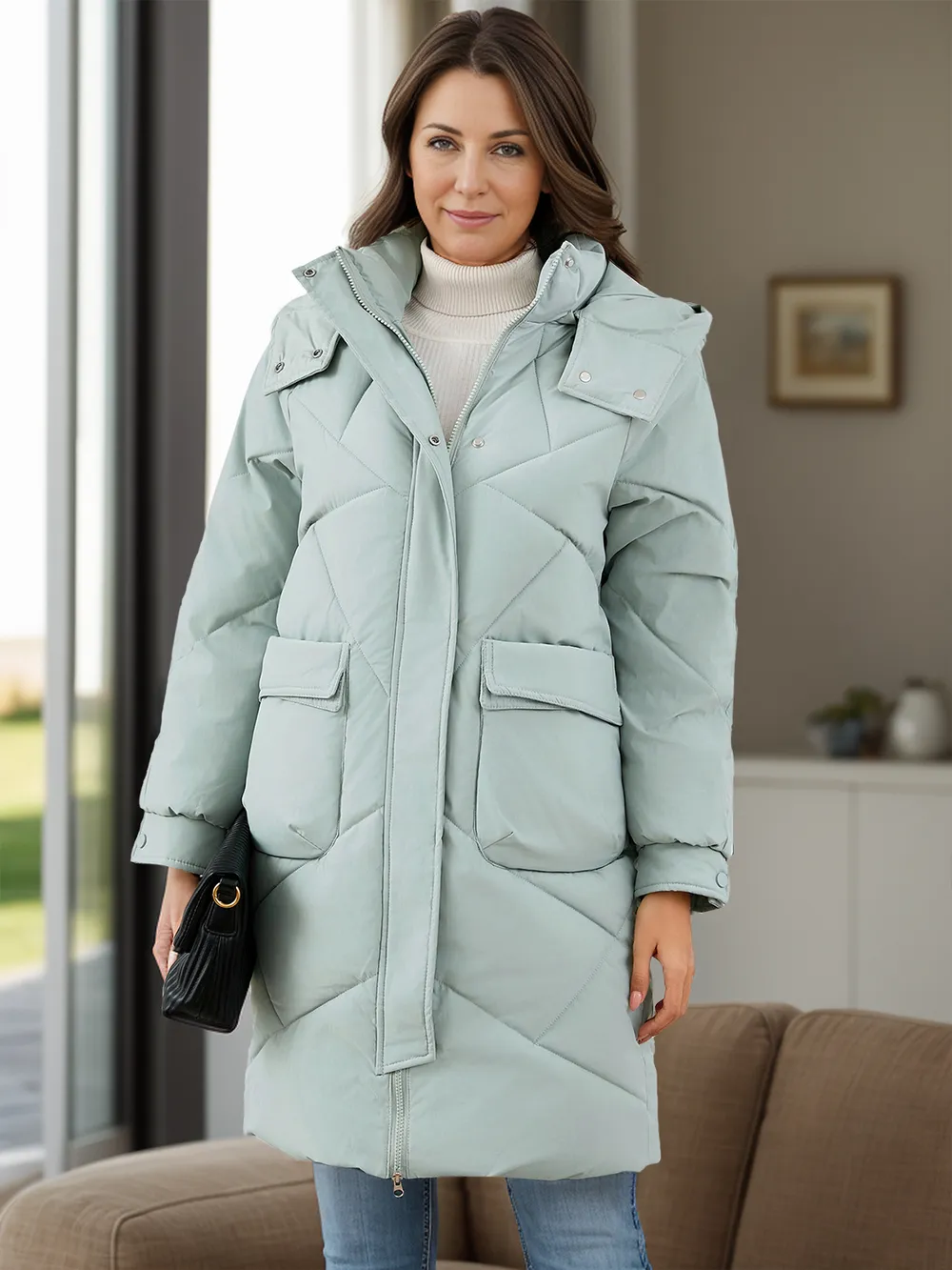 Long Sleeve Longline Hooded Winter Coat with Pockets, image 10