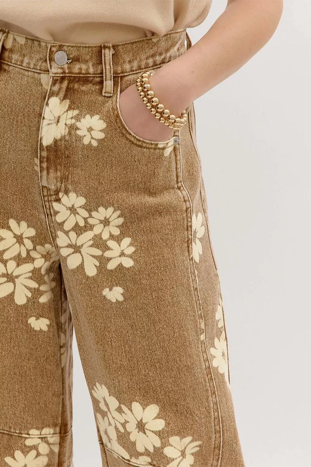 Floral Print Metal Button Pleated Straight Leg Jeans, image 6