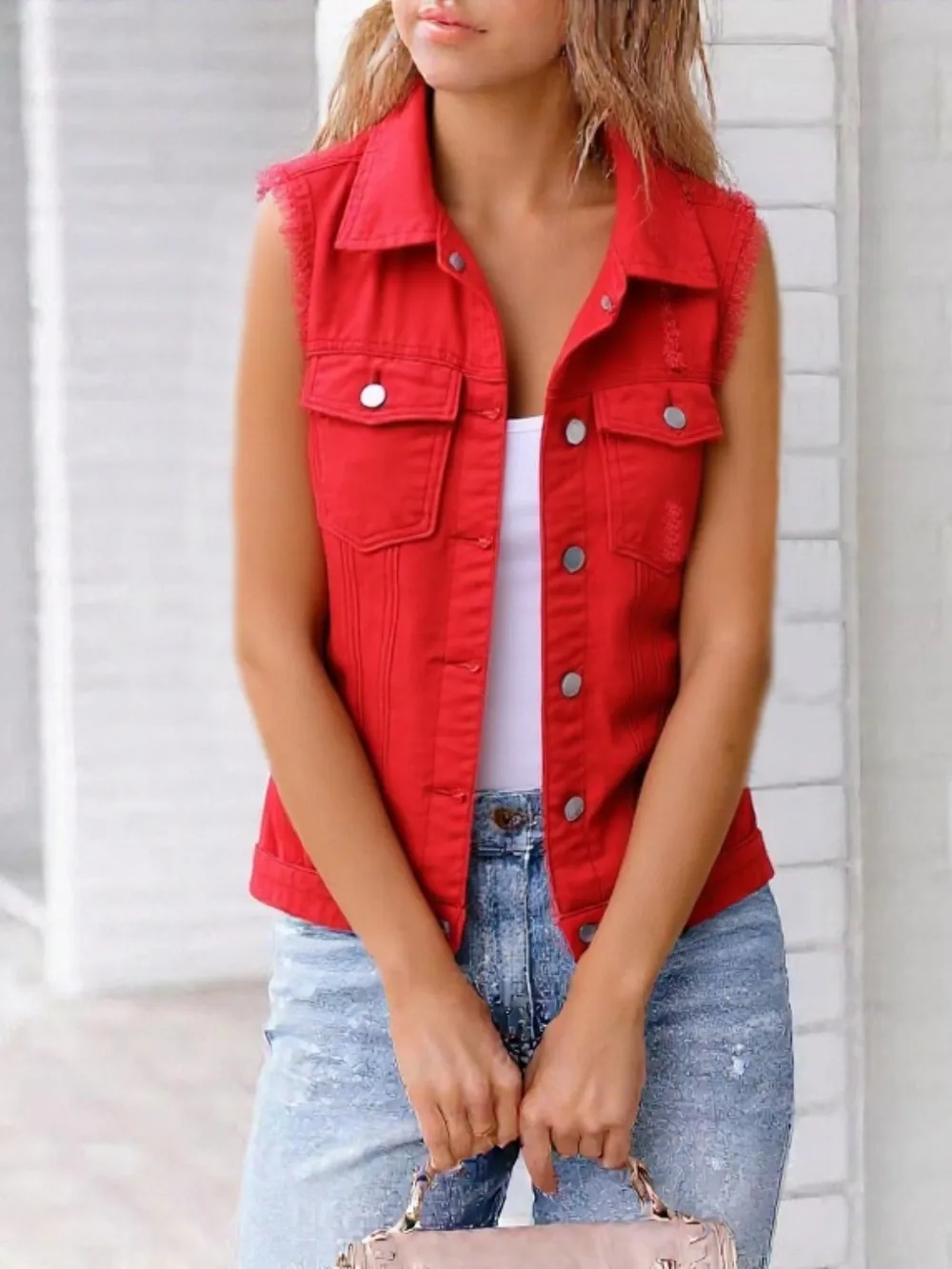 Full Size Sleeveless Frayed Denim Vest Jacket Plus Size, image 15