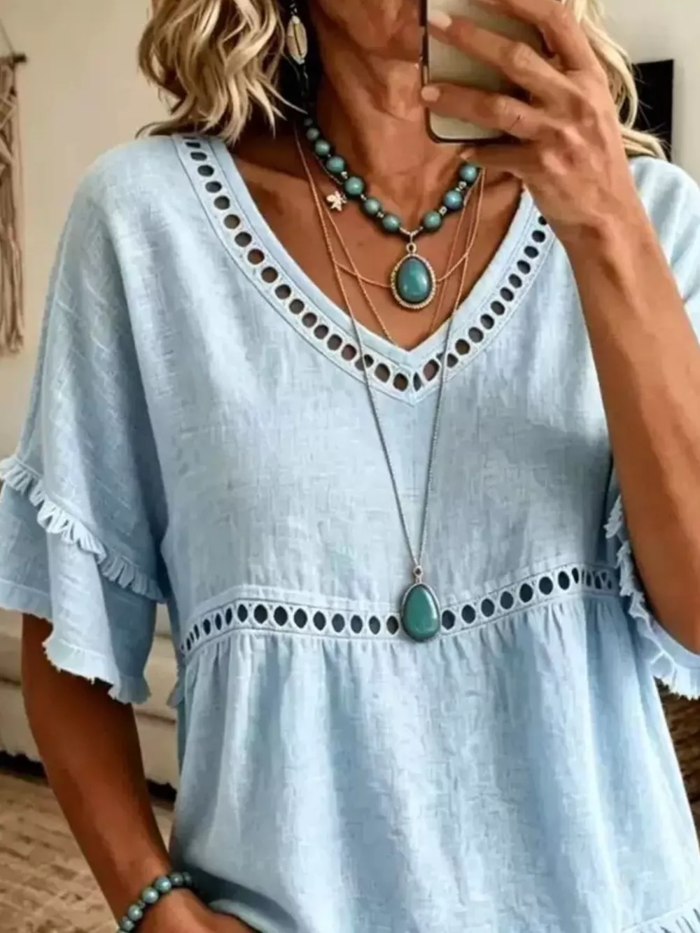 Eyelet V-Neck Frayed Edge T-Shirt, image 12