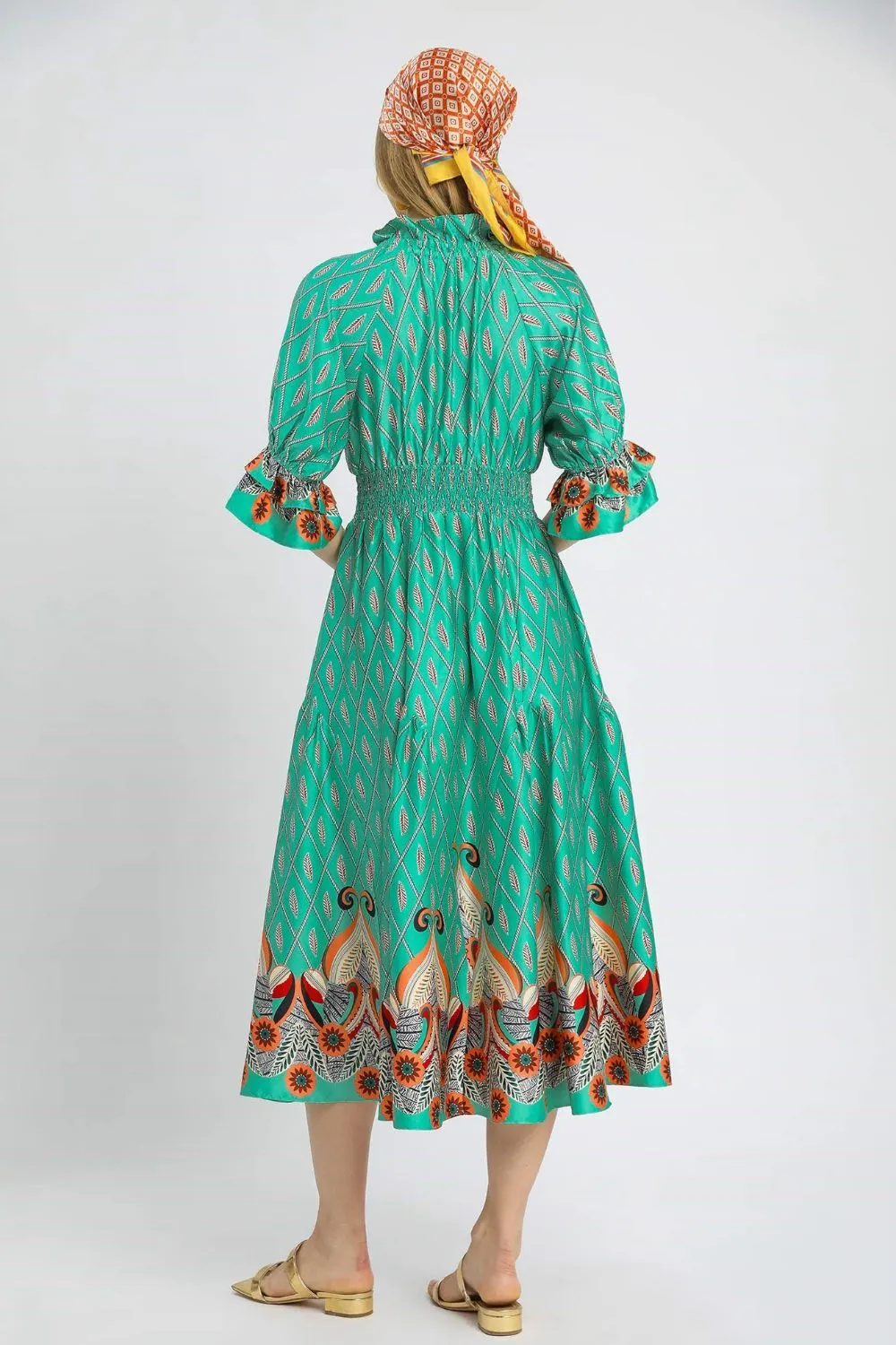 Printed Smocked Waist Flounce Sleeve Midi Dress, image 3