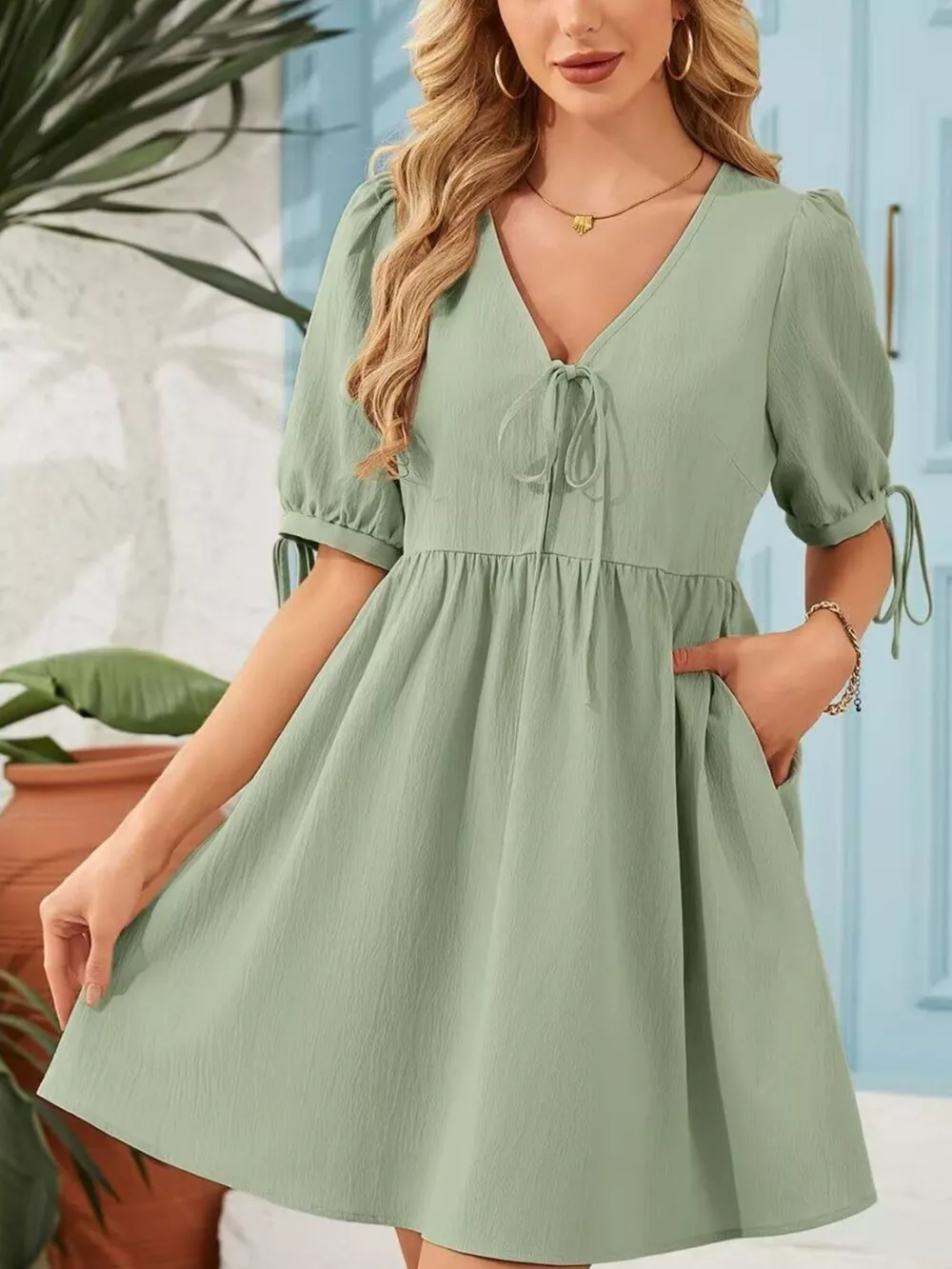 Tie-Neck Puff Sleeve A-Line Mini Dress, image 9