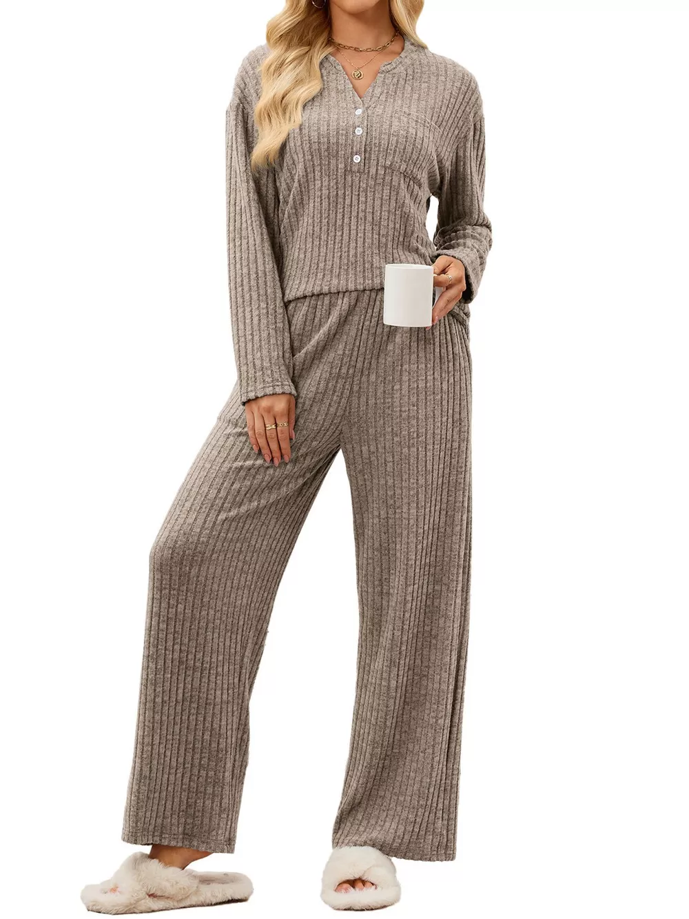 Ribbed Knit Top and Wide-Leg Pants Set, image 13