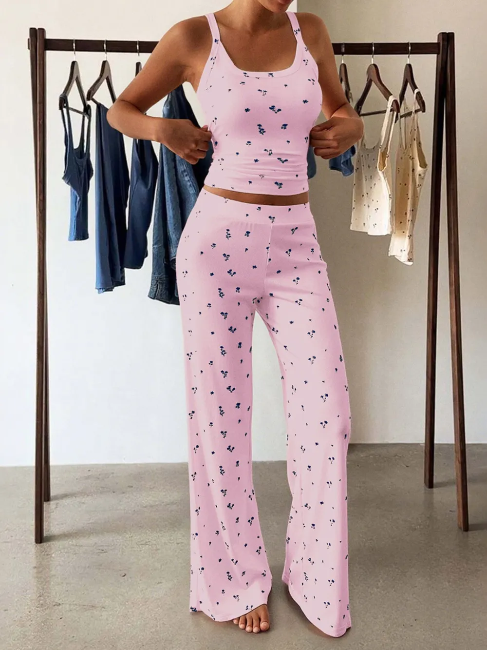 Floral Ribbed Cami and Wide Leg Pants Set, image 7