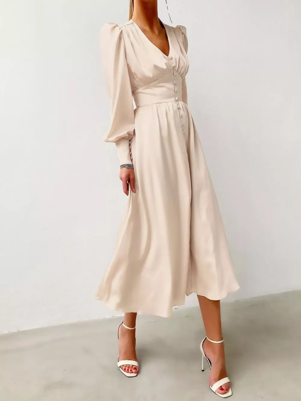 Elegant V-Neck Puff Sleeve Button-Down Midi Dress, image 6