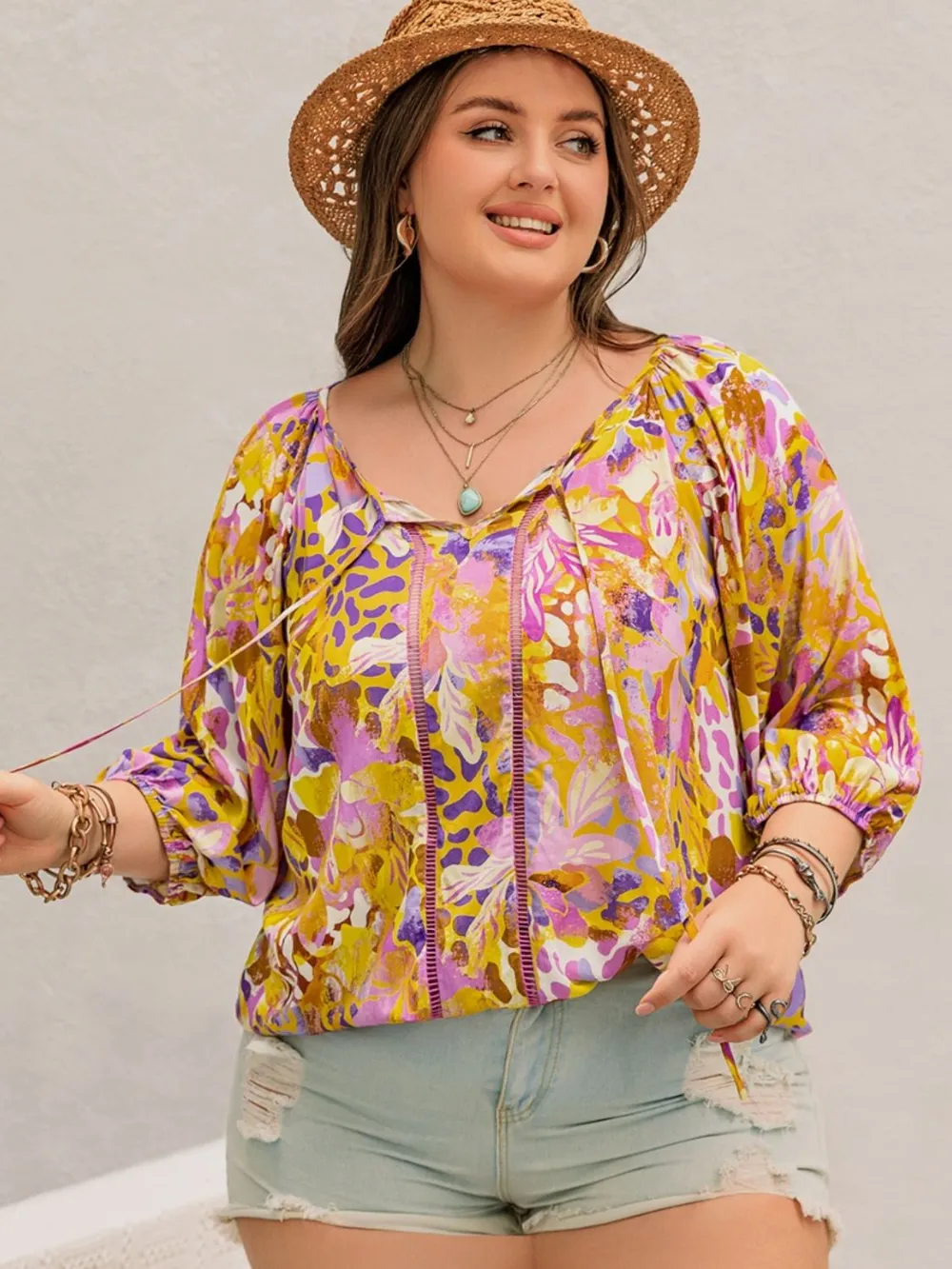 Plus Size Printed Tie Neck Blouse, image 4