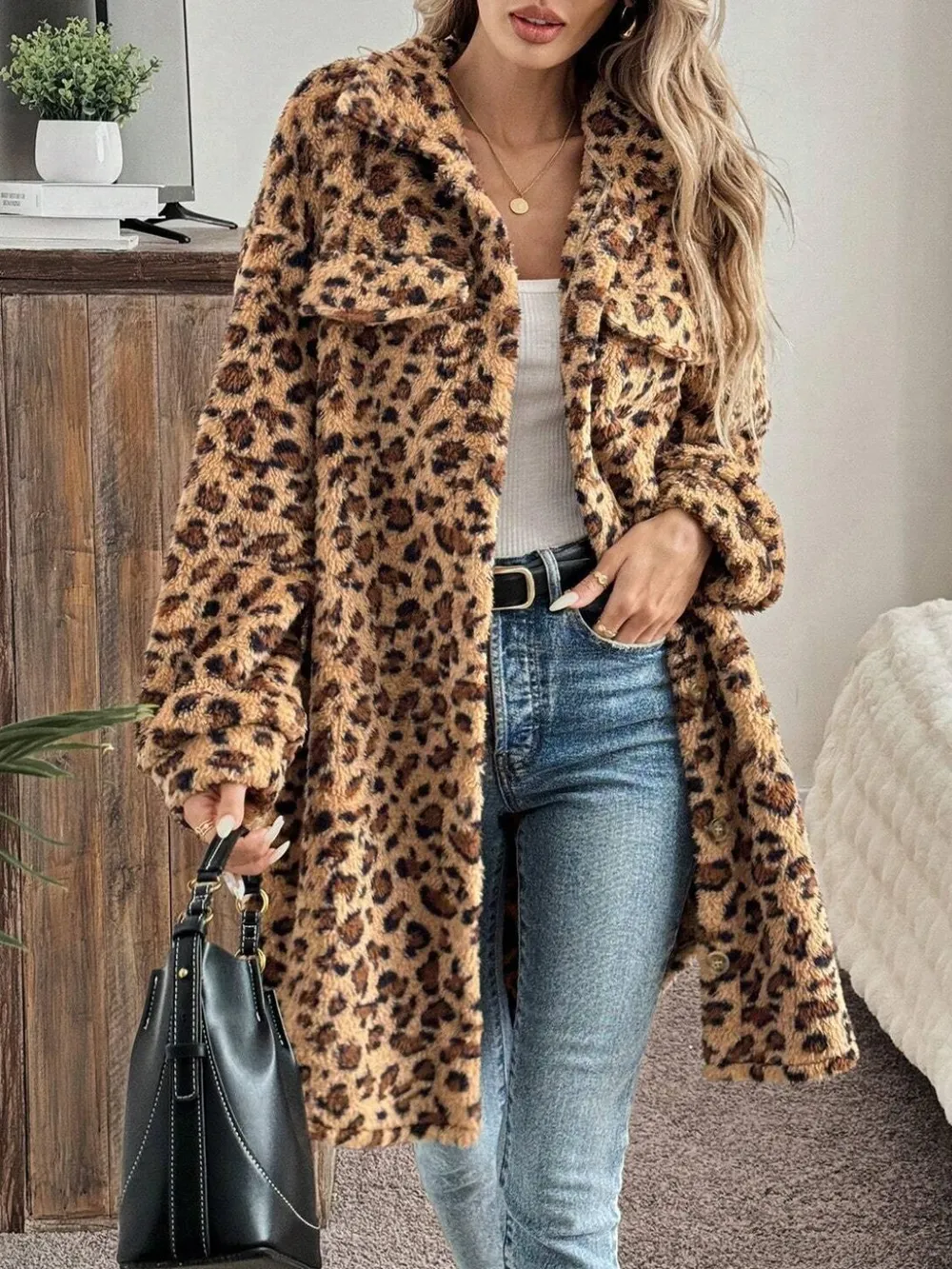 Leopard Button Up Long Sleeve Fuzzy Coat, image 5
