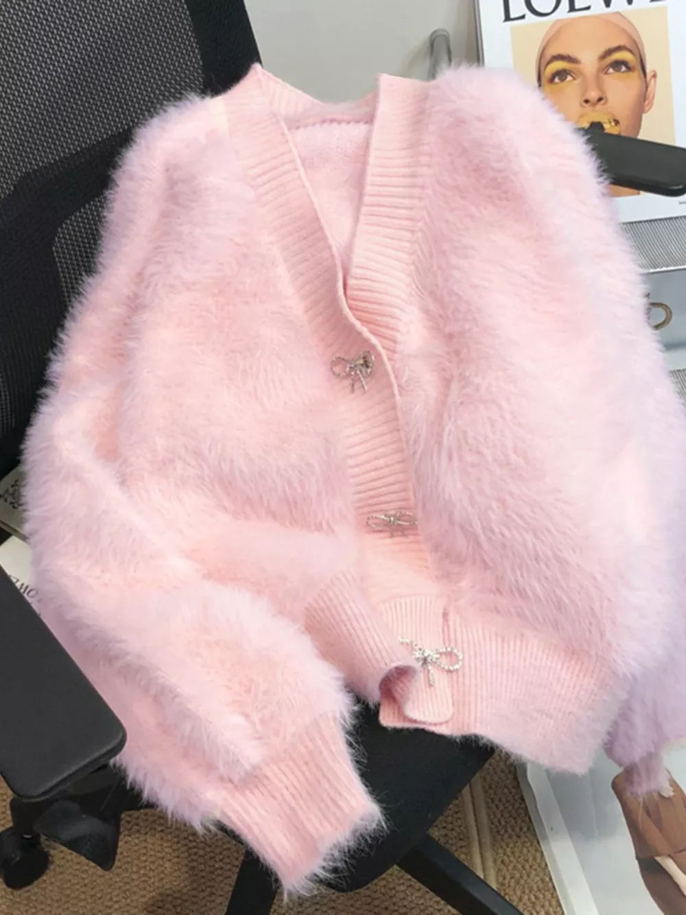 Fuzzy Bow Button Up Cardigan, image 14