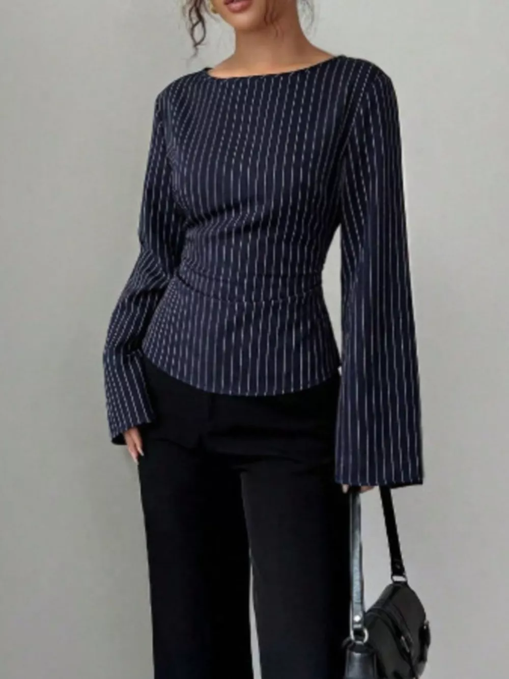 Elegant Pinstriped Bell Sleeve Blouse with Back Lace Up, image 10