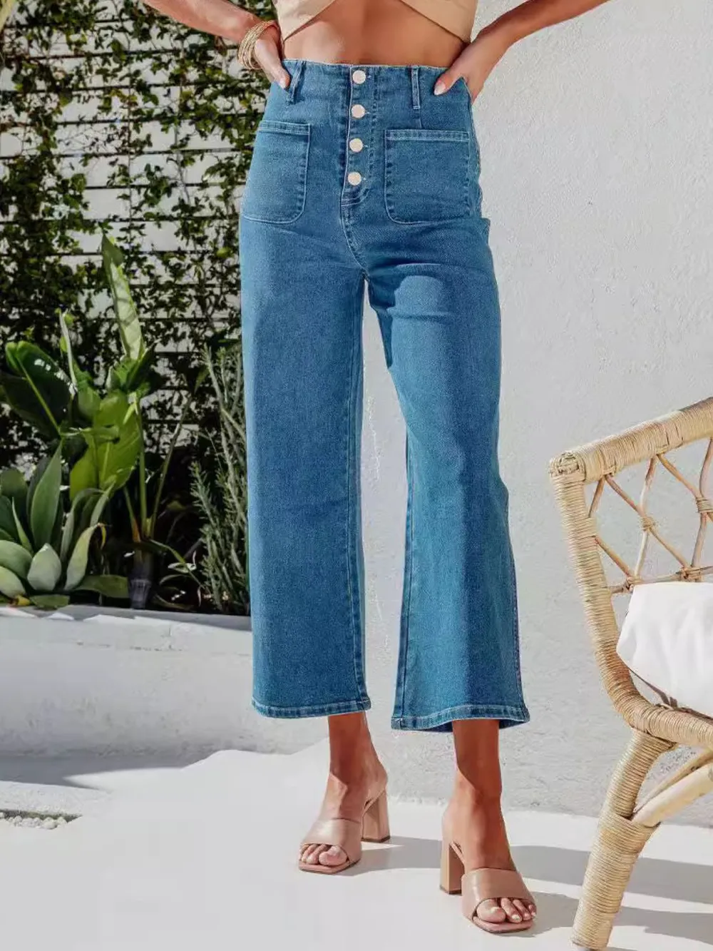 Button Fly Cropped Jeans with Pockets, image 2