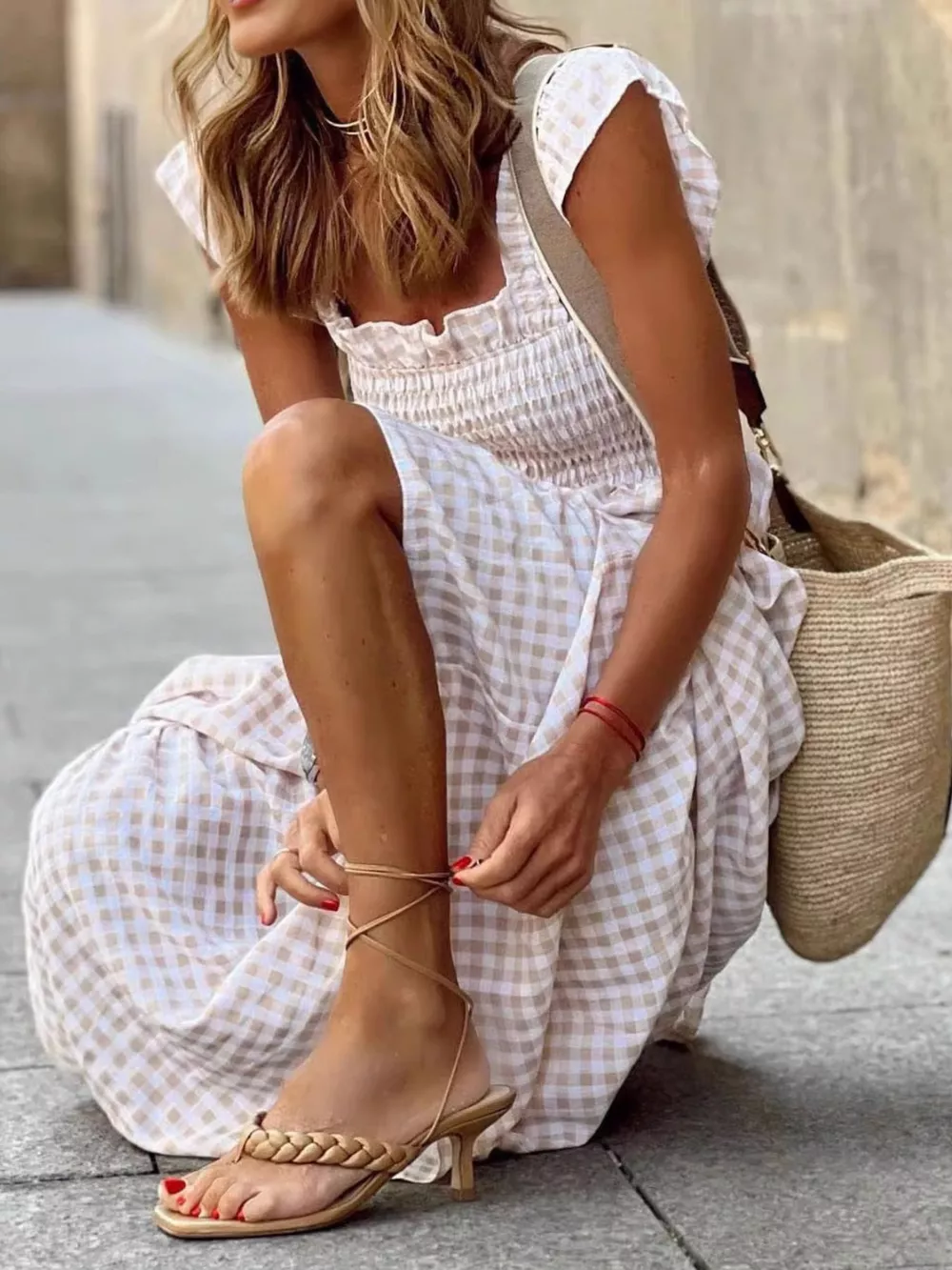 Ruffled Sleeveless Gingham Midi Dress, image 9