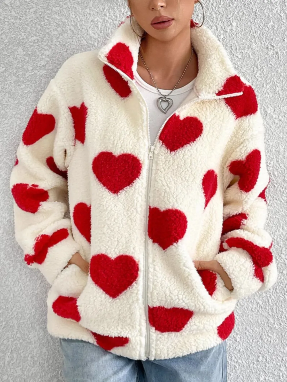 Heart Zip Up Drop Shoulder Furry Jacket, image 11