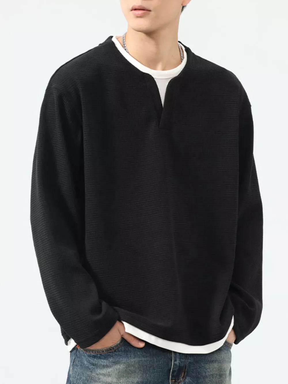 Men's Plus Size Waffle Knit Long Sleeve Top, image 3
