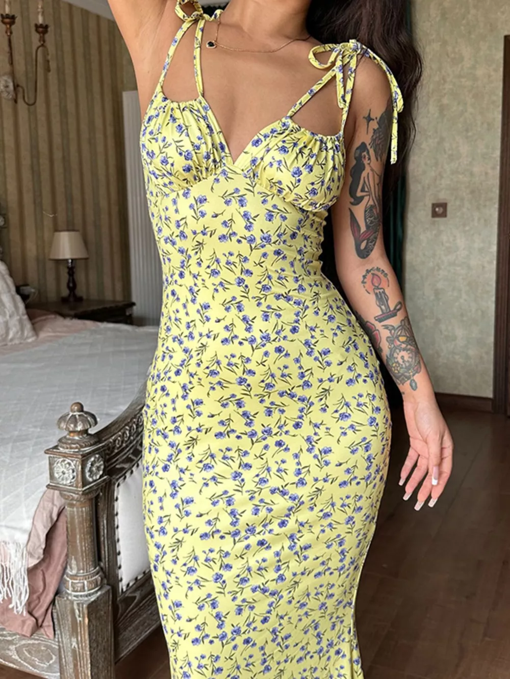 Floral Print Tie Strap Bodycon Maxi Dress, image 8