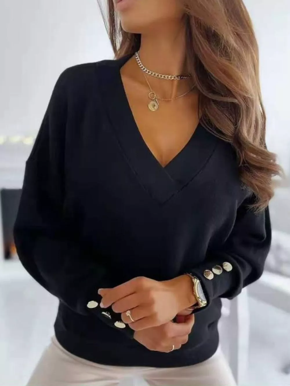 V-Neck Button Cuff Top, image 4