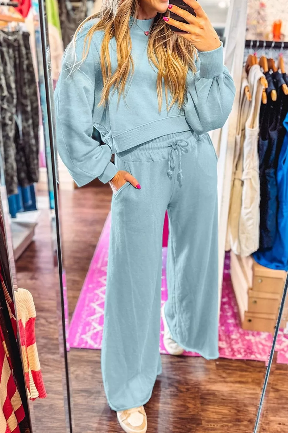 Drop Shoulder Puff Sleeve Crop Pullover Drawstring Wide Leg Pants Set, image 3