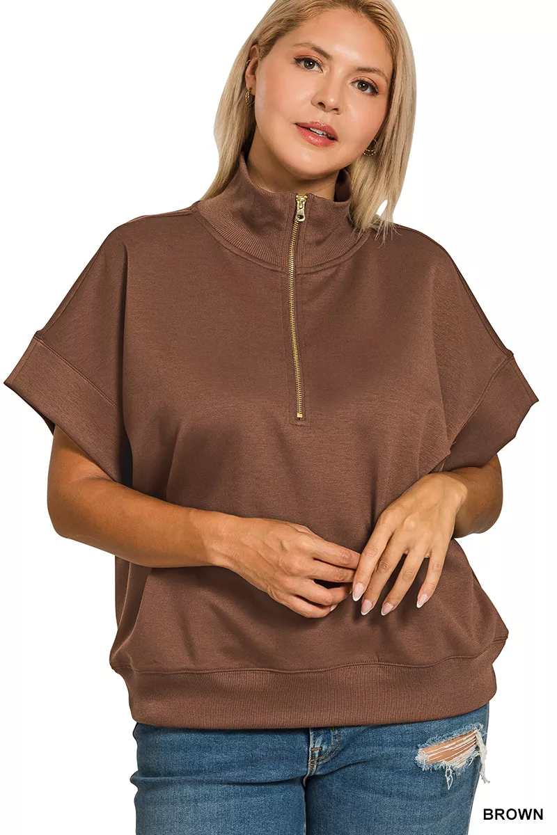 Full Size Scuba High Neck Half Zip Short Sleeve Top Plus Size, image 3