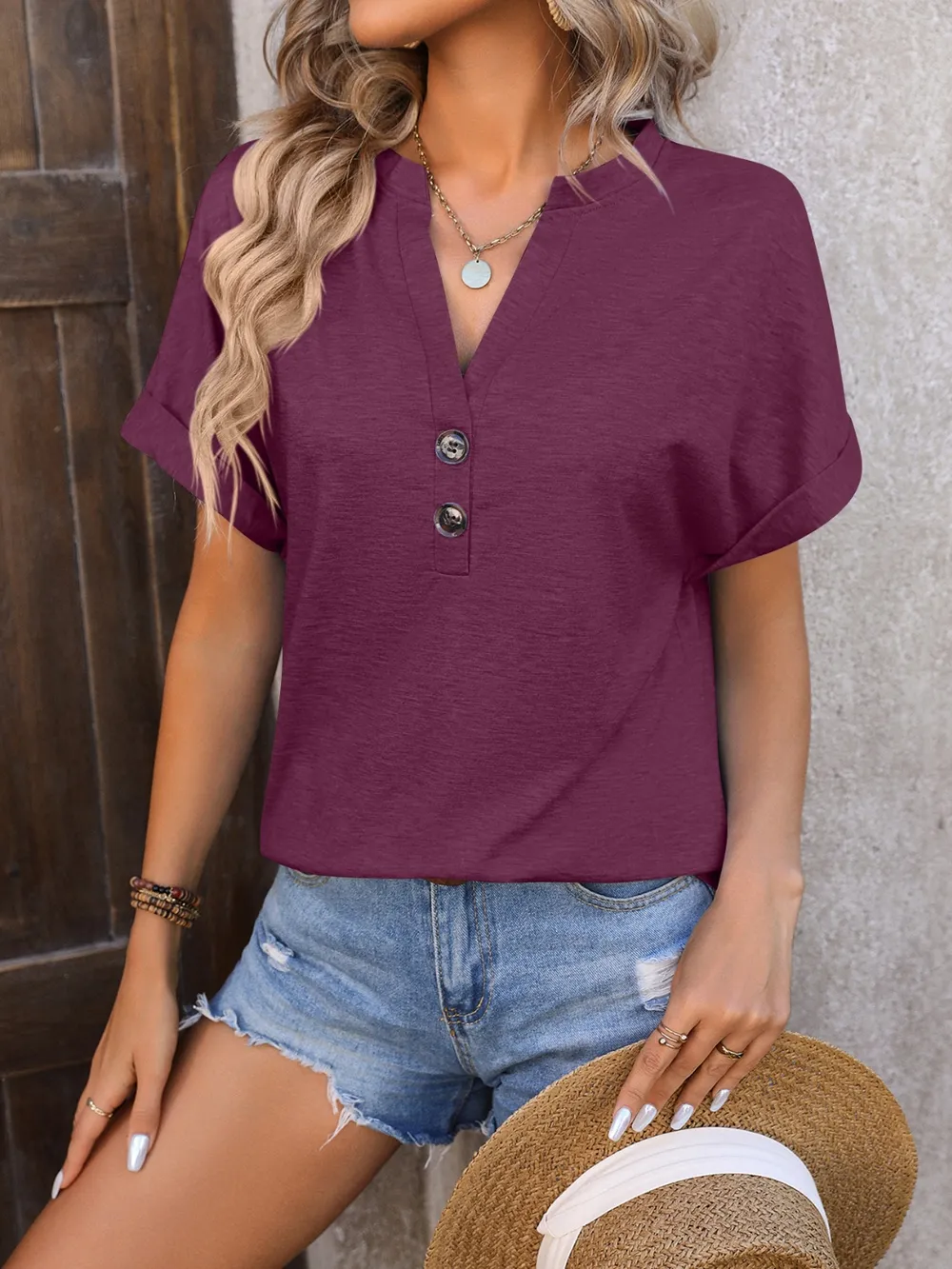 Notched Buttoned Short Sleeve T-Shirt, image 18