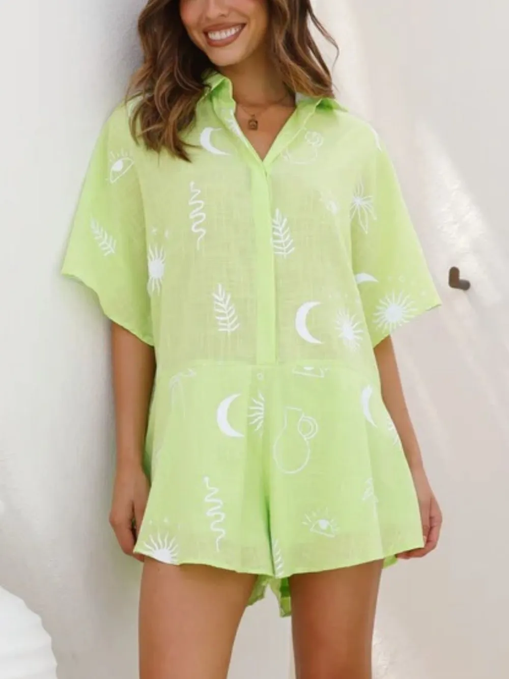 Printed Collared Neck Half Sleeve Romper, image 3