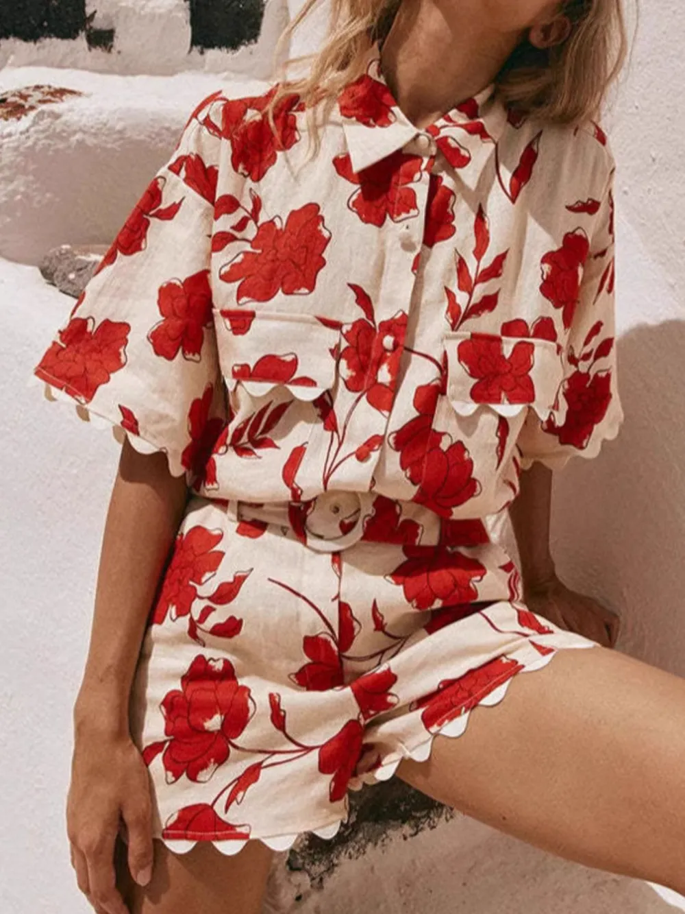 Floral Print Scalloped Edge Top and Shorts Set, image 8