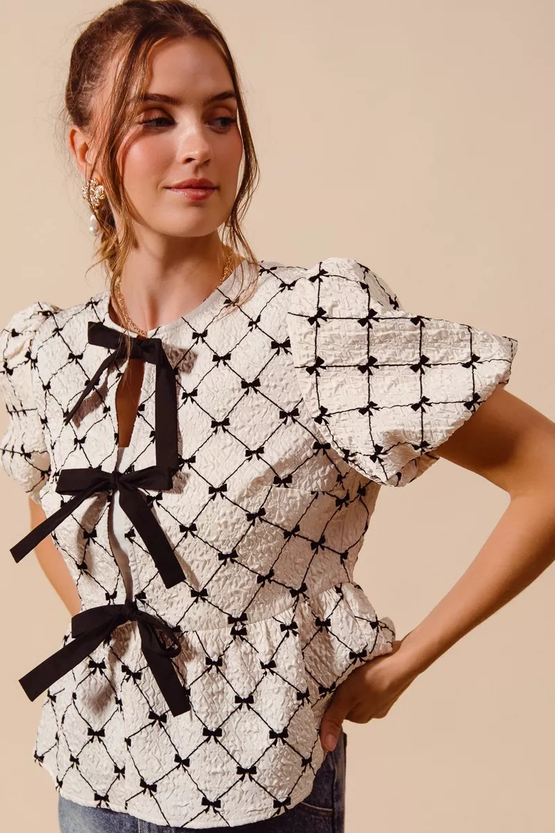 Bow Texture Woven Peplum Top With Contrast Tie, image 9